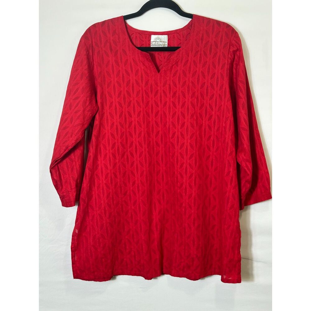 Sabhyata Red Tunic Embroidered Reverse Leaf Design Size XL 3/4 Sleeve